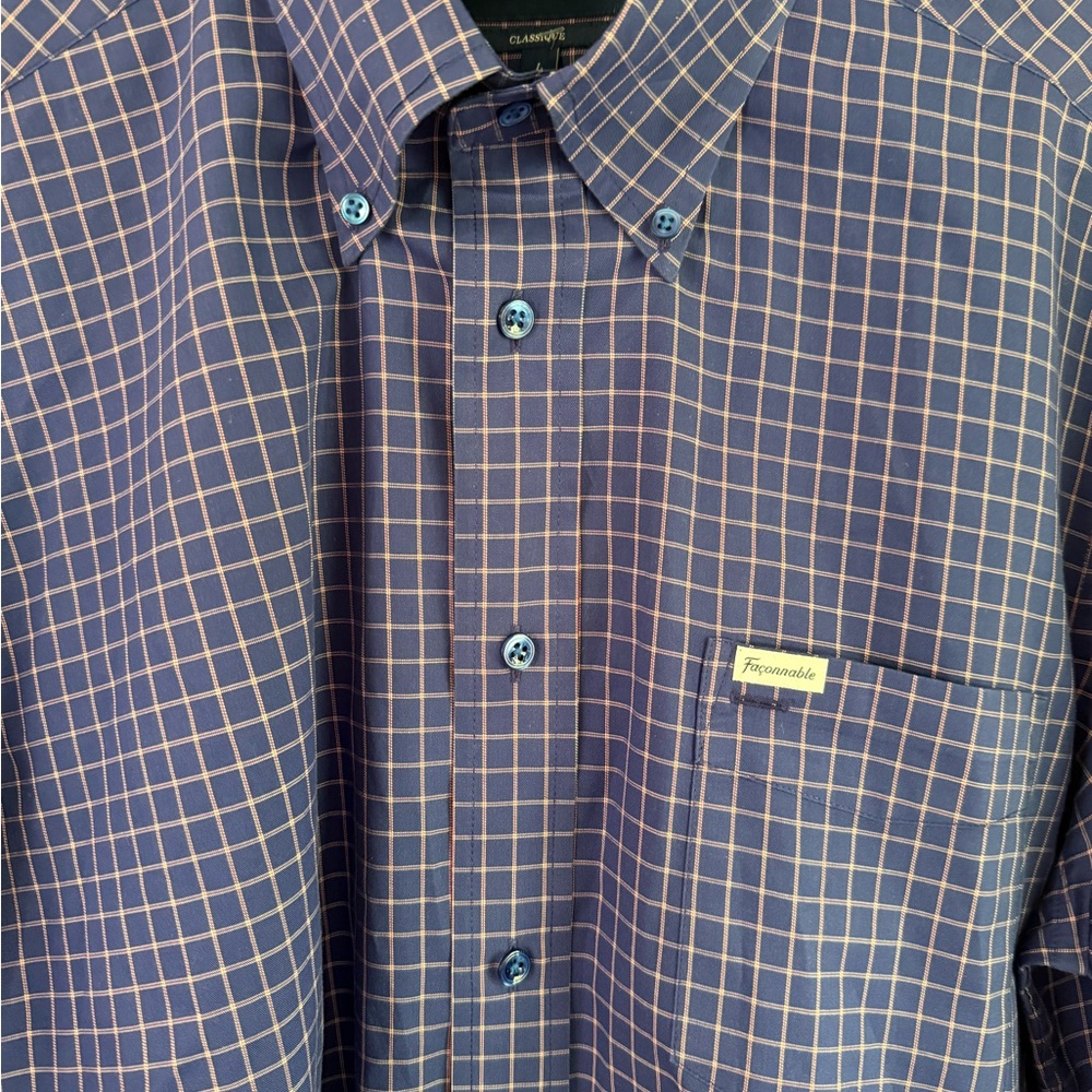 Faconnable Men’s Navy and White Windowpane Button-Down Shirt Size Large NWT - Picture 7 of 10